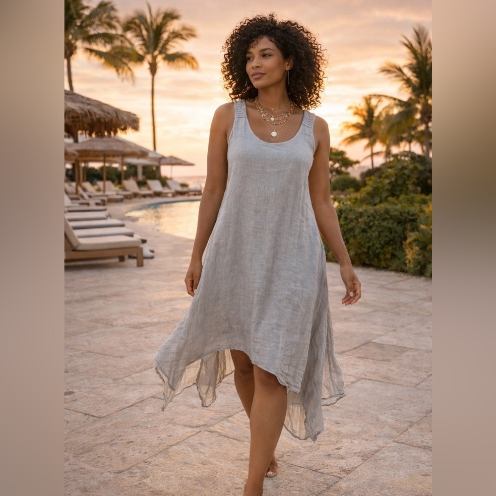 Banana Blue Gray Linen Asymmetrical Tank Dress  Made in Australia Size S